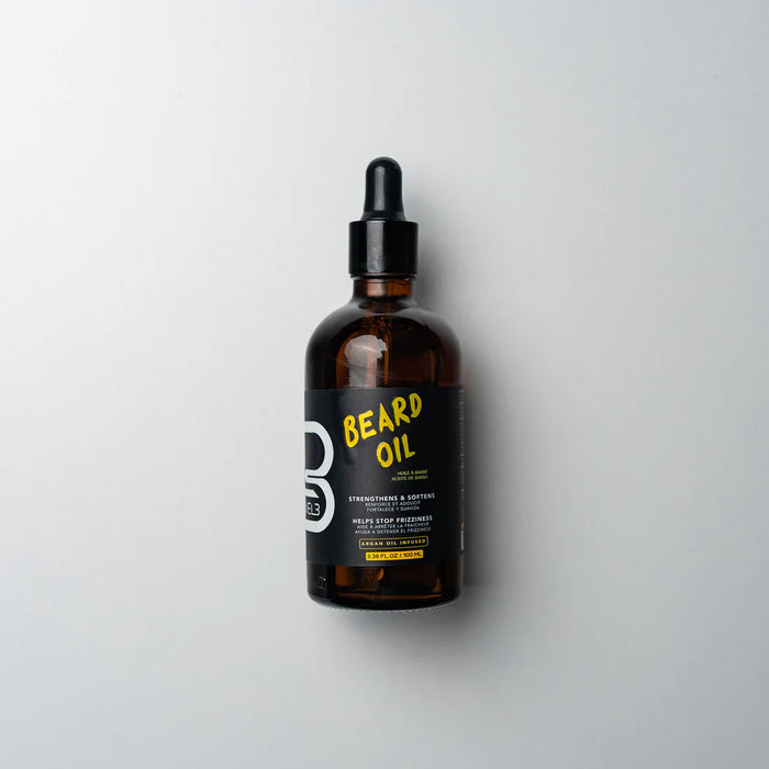 A bottle of L3VEL3 Argan Beard Oil with a dropper cap, labeled for beard care.