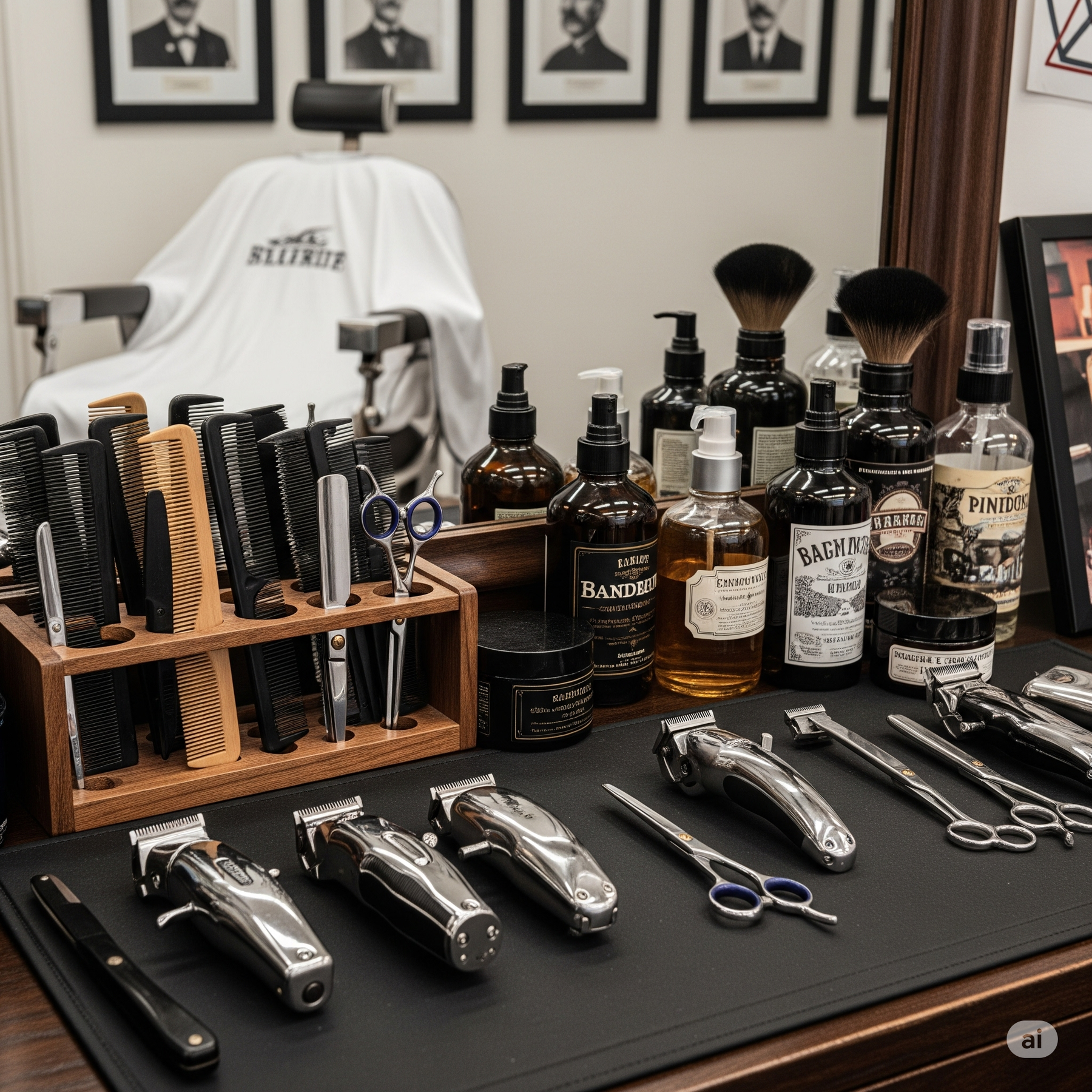  barber tools, neatly arranged in a classic, empty barbershop.