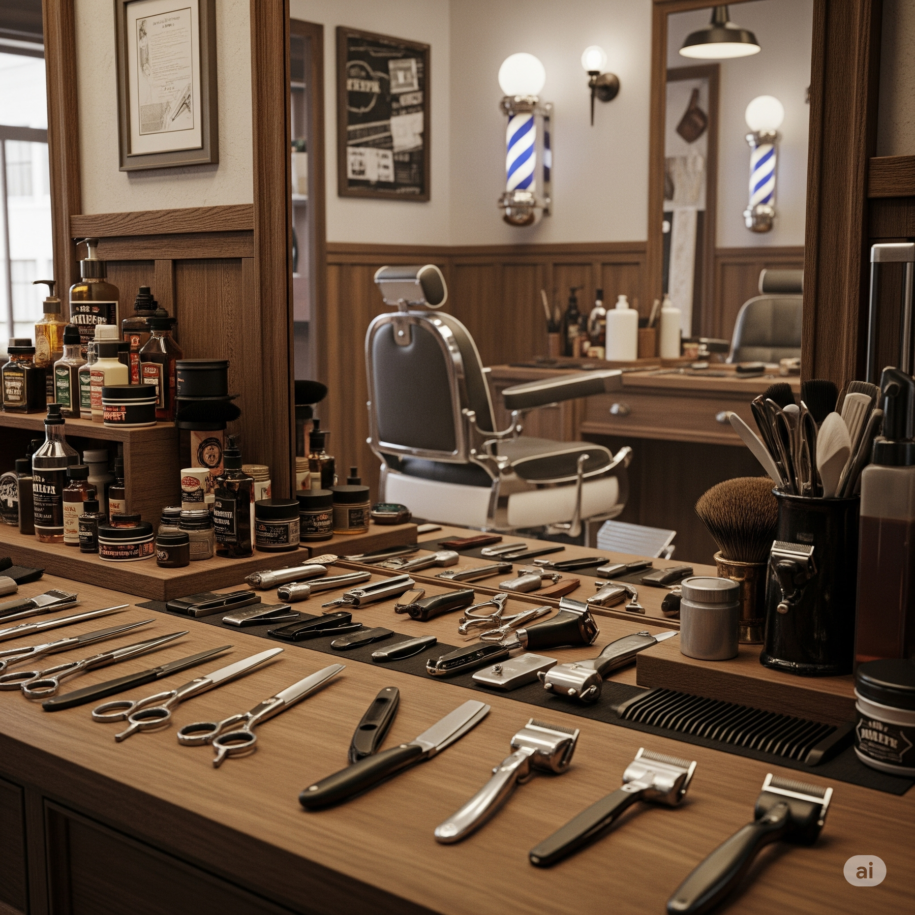 Barbershop tools, neatly arranged on counter
