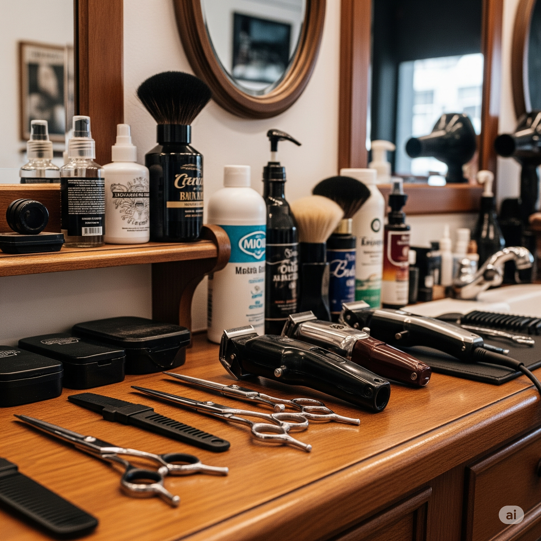 barber tools, neatly arranged in a classic, empty barbershop.